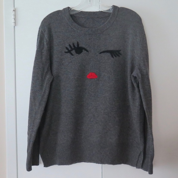 Kate Spade Winking Face Heather Grey Pullover Sweater, XL - Picture 2 of 11